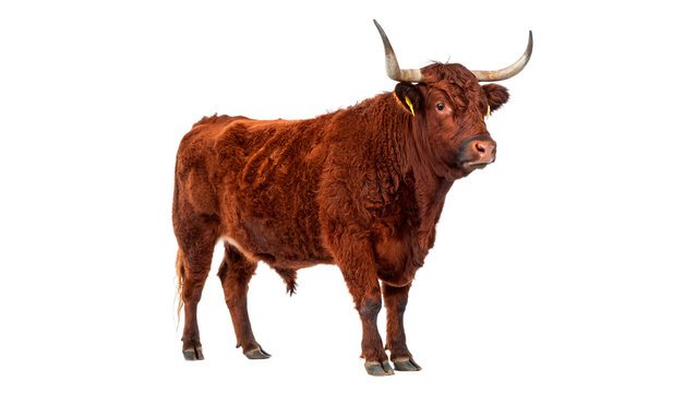 Domestic brown horned bull cattle animal standing in profile on transparent background