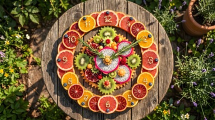 Fototapeta premium Fresh fruit platter, colorful sliced fruits, kiwi, citrus, garden setting