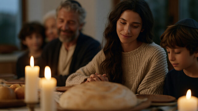 Jewish family gathering around a Rosh Hashanah table set with round challah and apple dishes for a New Year celebration, warm candlelight illuminating multigenerational faces in a home dining room, 