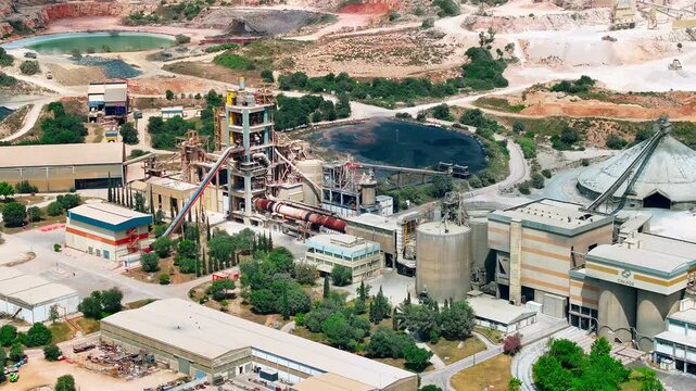 Limestone quarry and cement production facility with heavy machinery operations