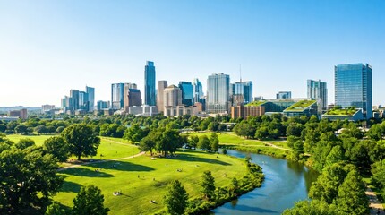 Obraz premium Austin Texas skyline with modern skyscrapers and green urban park overlooking river for travel tourism and city development
