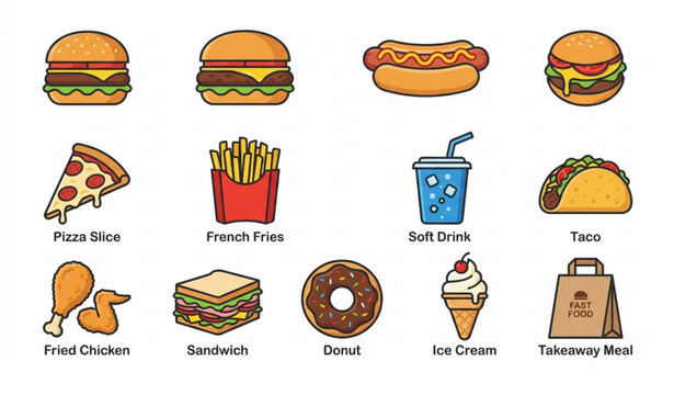 Fast Food Icon Collection with Editable Stroke Flat Design Symbols