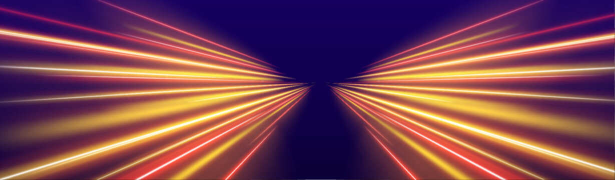 Multicolored speed beams sweep through transparent expressway backgrounds with vivid neon glow. Curved motion paths enhance movement. Perfect for digital artwork.