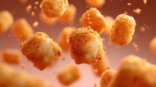 Golden crispy tater tots floating in the air against a warm backdrop, showcasing their texture and shape during a food shoot
