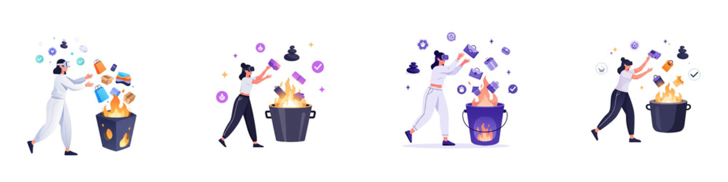 Women wearing virtual reality headsets throwing digital items into fire