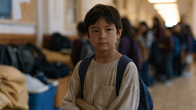 Elementary school hallway filled with backpacks and supply bins where a nervous eight-year-old grips a quantum computing educational kit, surrounded by other anxious students during back-to-school o