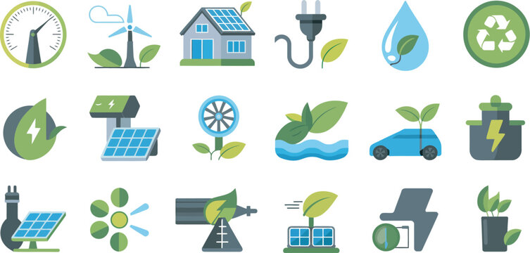 Green energy and sustainability icon set with solar wind recycle smart home atom sunflower and eco city symbols vector collection for clean technology environmental protection and renewable energy 