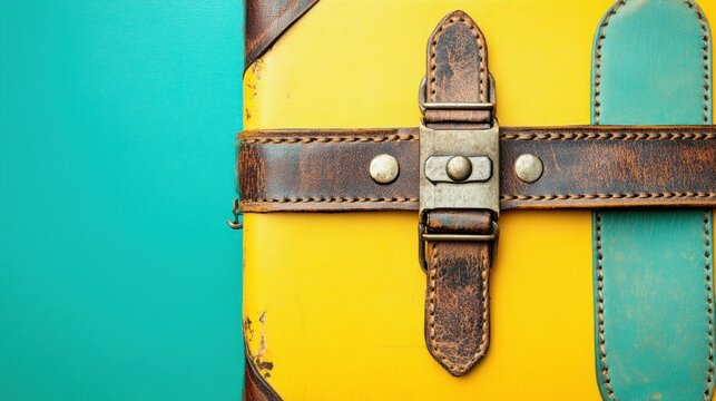 Close up of a vintage suitcase with leather straps and metal buckle