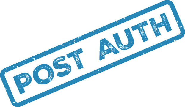Blue distressed rubber stamp with POST AUTH text diagonally positioned on a clean white surface
