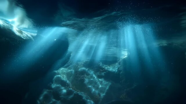 Underwater Glowing Tunnel with Light Rays and Rocky Formations in Deep Blue Water Featuring Nature, Aquatic, Illumination with Marine and Ocean