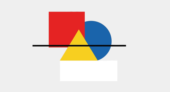 Abstract geometric shapes: circle, square, triangle, rectangle on gray