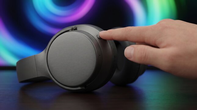 Close Up of Person Hand Pressing Button on Sleek Wireless Headphone with Modern Brushed Matte Finish