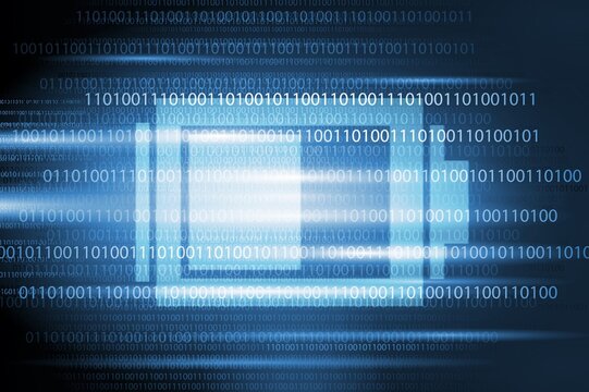 Battery icon charging with digital binary code on a blue technology background