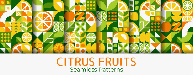 Ripe citrus fruits seamless patterns with geometric ornament background. Vector motifs with lemon, orange, lime, mandarin, leaves in orange, green and yellow tones, evoking fresh vibrant summer mood © Buch&Bee