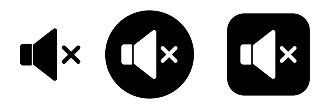 Mute icon set in button style with speaker and sound off symbols. Audio control icons for app and web interface, media player, volume settings and playback