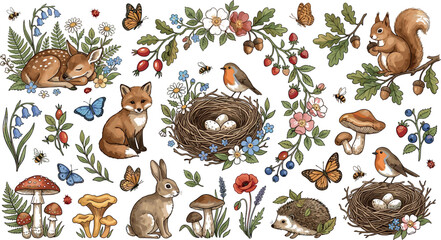 Obraz premium Vintage Woodland Animals and Forest Nature Clipart Element Set Featuring Fox Deer Rabbit Bird Nest Mushrooms and Wildflowers Vector Illustration Collection