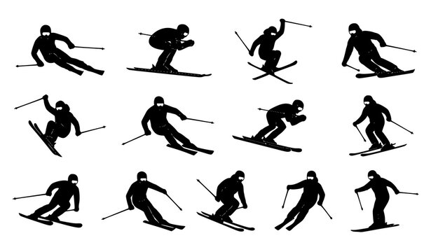 Winter ski sport silhouette collection featuring alpine skiing poses vector illustration isolated on white background