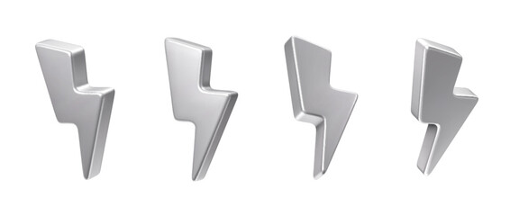Naklejka premium 3d silver metal lightning icons, chrome thunder bolt and energy arrows with glossy reflective metallic surface. Vector electric bolt realistic symbols of energy, power, charge, voltage technology sign