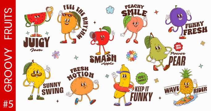 Y2K groovy funky ripe tropical fruit stickers and patches with funky characters, cartoon vector. Y2K groovy banana with trippy pineapple on surfboard, summer apple and funny mango with sunglasses