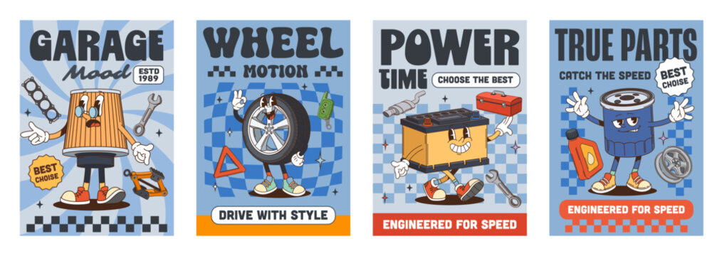 Y2K groovy funky car spare part characters posters in vector retro cartoon design. Y2K posters with groovy car wheel tyre, freaky automobile accumulator with smile and motor filter with trippy face