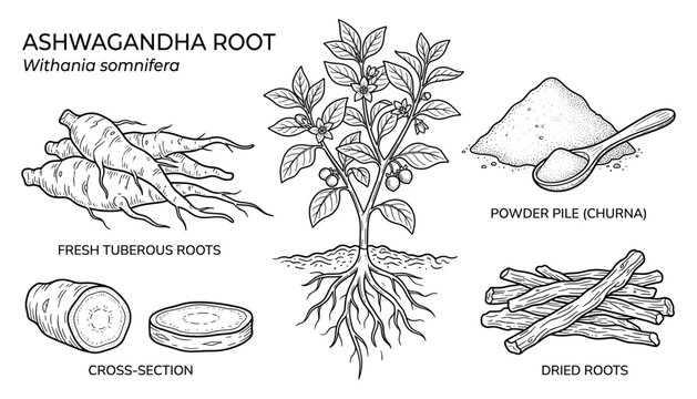 Ashwagandha root plant set with fresh tuberous roots and herbal powder botanical vector illustration.