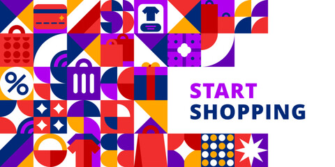 Shopping banner with modern geometric pattern, abstract shapes and elements. Vector retail, sale and promotion retro pop art grid background for marketing, e commerce promotions and discount offers © Buch&Bee