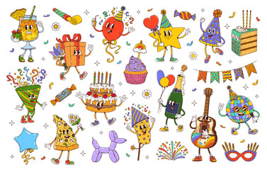 Obraz premium Cartoon groovy birthday holiday party characters of cute cake, gift, balloon and party hat. Vector funny groovy birthday holiday food and drink characters, cupcake with candles, champagne and flag set