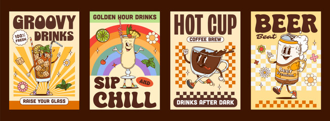 Obraz premium Y2k groovy coffee, beer and cocktail drinks posters, featuring smiling retro coffee cup, beer can, cocktail and iced drink cartoon characters. Vector beverage advertising promotion with 70s party vibe