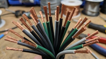 Fototapeta premium Close Up of Stripped Copper Electrical Wires and Cables Industrial Power Connection Concept