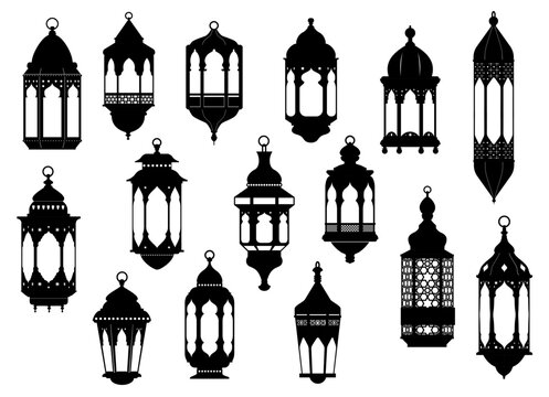Ramadan Kareem arab islamic lantern lamp silhouettes with vector arabian muslim pattern. Arab fanous lanterns silhouette set of Ramadan islamic religion festive decorations with geometric ornaments