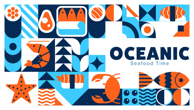 Fresh seafood banner with geometric pattern of sushi and fish food, vector background. Seafood pattern of oceanic delicacy and sea food tuna, crab and caviar, sardines with crab and shrimp prawn