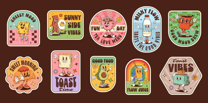Breakfast hippie groovy label stickers, food retro patches. Funky vector stickers with cheese, scrambled eggs, bacon, tea cup, milk bottle, coffee mug, croissant, toast, avocado, juice, and toaster