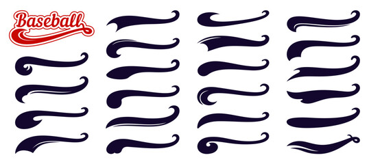 Plakat Retro sport swoosh and swash tail ribbons set. Vector set of baseball decorative strokes, sporty elements, vintage badges and calligraphic flourishes for team identity, Black swash brush elements