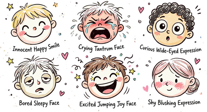 Cute Cartoon Kids Emotions and Facial Expressions Set Featuring Happy Crying Curious Bored Excited and Shy Child Avatar Faces Vector Illustration