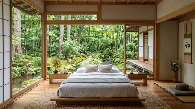 Zen Japanese Bedroom with Large Windows Facing a Lush Forest and Stream Garden