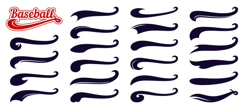 Retro sport swoosh and swash tail ribbons set. Vector set of baseball decorative strokes, sporty elements, vintage badges and calligraphic flourishes for team identity, Black swash brush elements