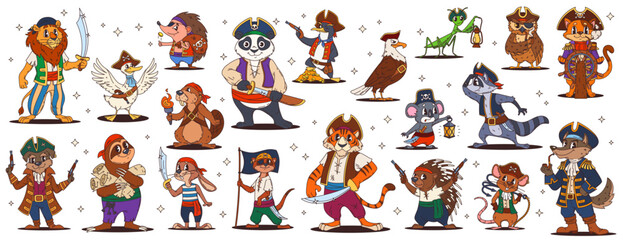 Fototapeta premium Cartoon animal pirate characters, corsair ship crew vector personages with captain hats, black eye patches and flags. Funny tiger, lion, wolf and rat animal pirates, seagull and panda corsairs