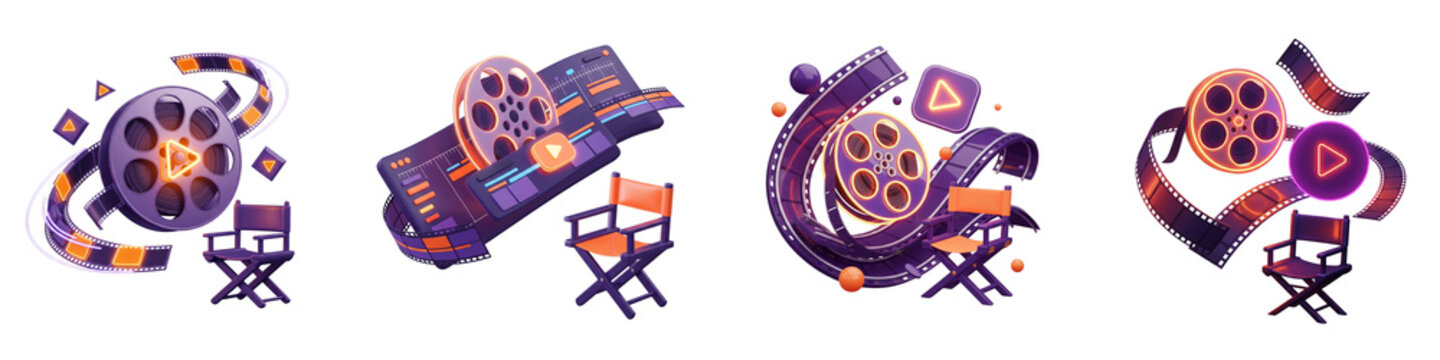 3D Cinema Film Production Icons with Reels and Director Chairs Set