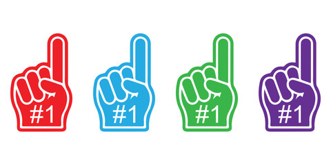 Fototapeta premium Number one foam finger vector icon pack featuring sports fan hand showing index finger up victory symbols in different colors for stadium game day design.