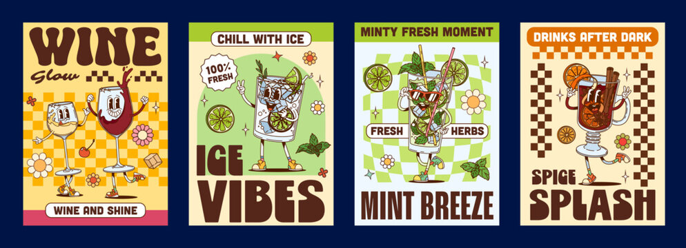 Y2K groovy party cocktails and drinks posters with funky hippie characters, cartoon vector. Groovy Y2K posters with funny mojito cocktail and glass with ice cubes, mulled wine and freaky wineglass