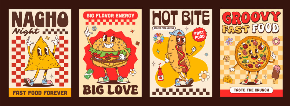 Y2K groovy takeaway fast food posters with funky hippie characters, cartoon vector. Y2K retro posters with groovy pizza and freaky cheeseburger, cool hot dog sausage and potato chip in good vibes