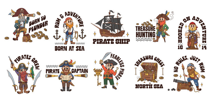 Pirate and corsair characters hippie Y2K groovy stickers, vector cartoon t shirt prints. Y2K groovy funny captain with spyglass, treasure chest and Caribbean sailor or boatswain at ship for stickers
