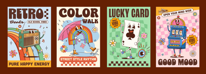 Obraz premium Y2K groovy retro posters with funky and hippie characters, cartoon vector design. Y2K posters with groovy casino slot machine and poker card, retro funky radio and freaky rainbow with umbrella