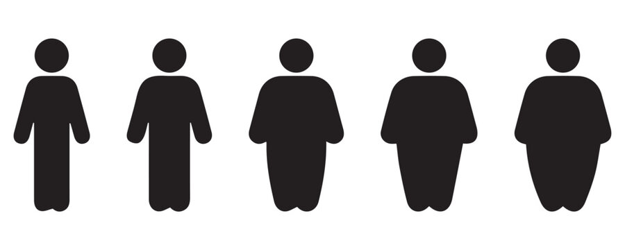 Body mass index vector icon pack featuring human body scale types from obese and overweight to normal 
slim fitness man silhouettes for healthcare design.