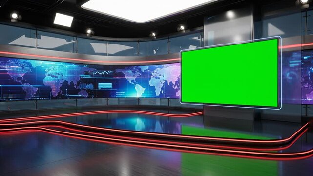 Modern virtual news studio broadcast set with green screen monitor and glowing world map background for television production interior technology newsroom communication informative