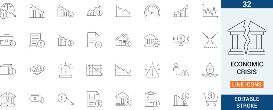 Economic crisis vector line icon set. Featuring financial market crash, global inflation risk and business recession graph.