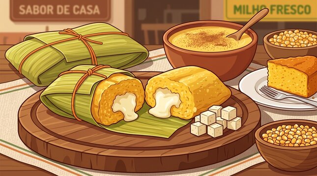 Gourmet corn pamonha filled with melting cheese on a wooden board vector illustration &ndash; commercial rustic restaurant menu and traditional breakfast concept.