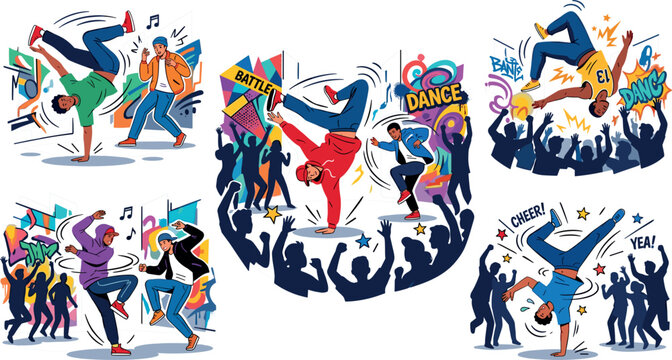 Energetic Hip Hop Breakdancing Vector Illustration Set Featuring Street Dancers Performing Breakdance Moves with Graffiti Background and Cheering Crowd Silhouettes
