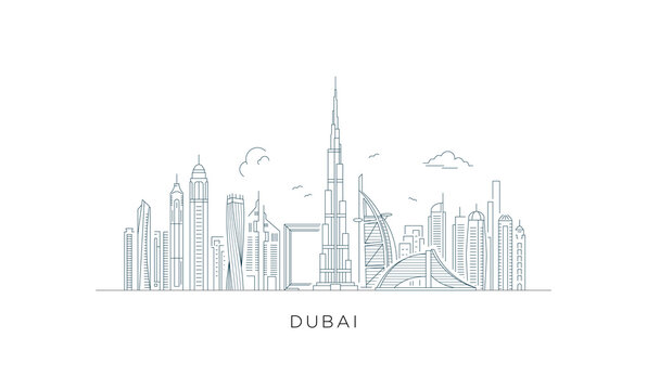 Minimal line art illustration of the Dubai skyline
