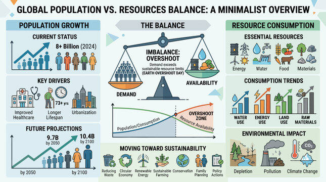 Infographic Depicting Global Population Versus Resources Balance.